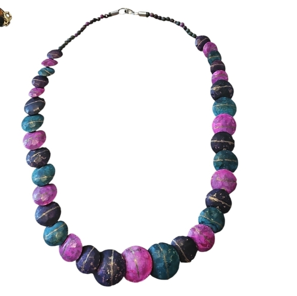 Vintage Graduated Teal and Pink Metal Beads with Gold Accents Necklace - Picture 1 of 4